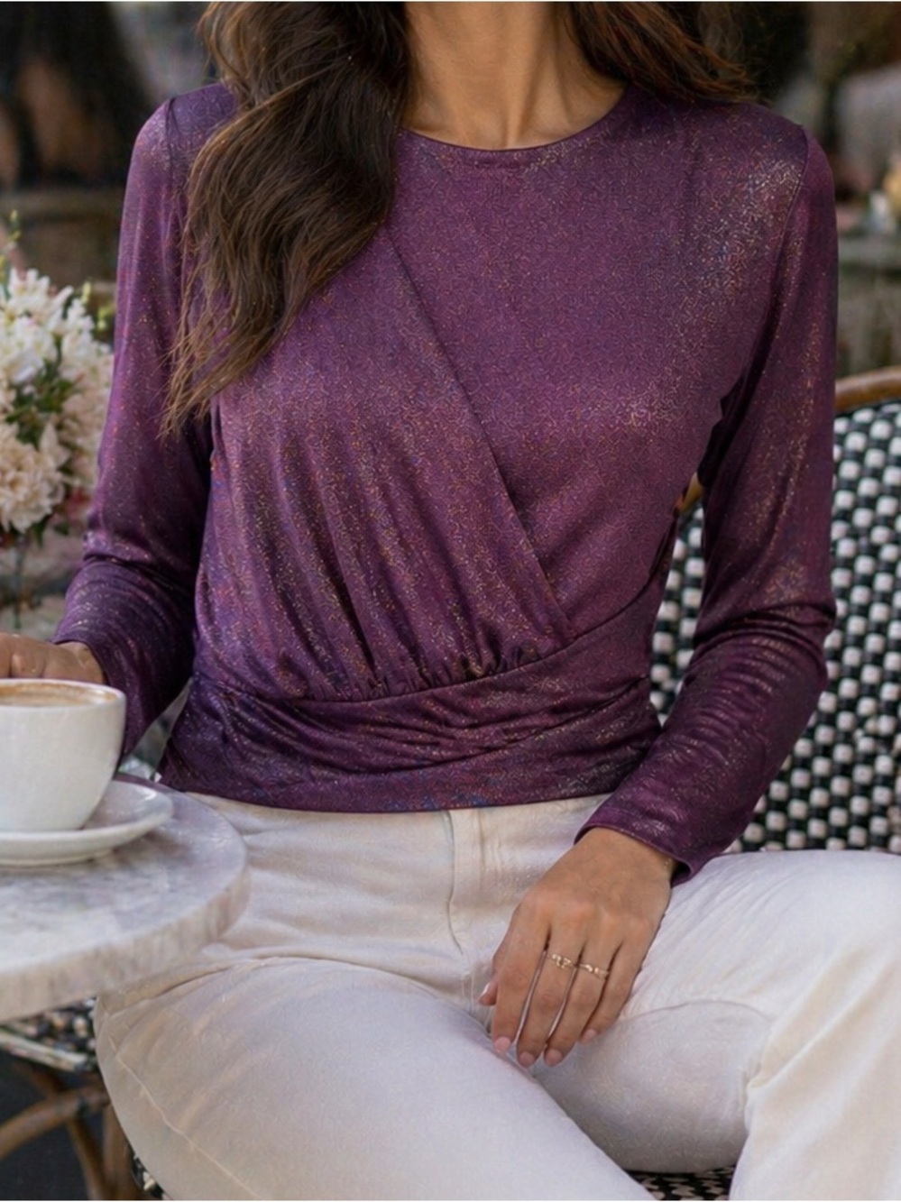 Express Metallic Plum Wrap-Front Long Sleeve Top
